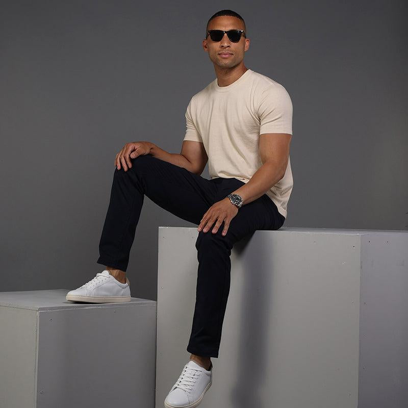 Tailored beige tee with shorter sleeves and body length for 5'6 to 5'8 men