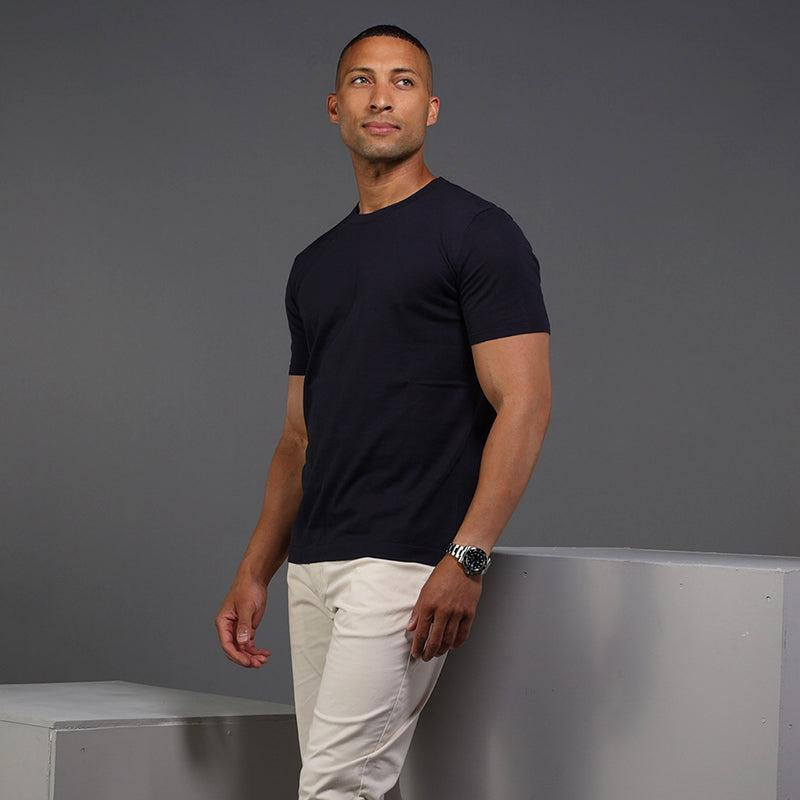 Luxury navy crew neck t-shirt designed for men under average height