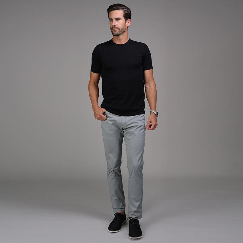 Tailored black tee with shorter sleeves and body length for 5'6 to 5'8 men