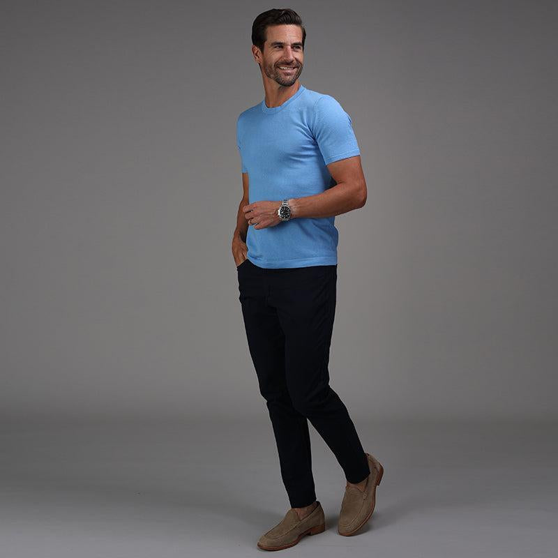 Luxury light blue crew neck t-shirt designed for men under average height