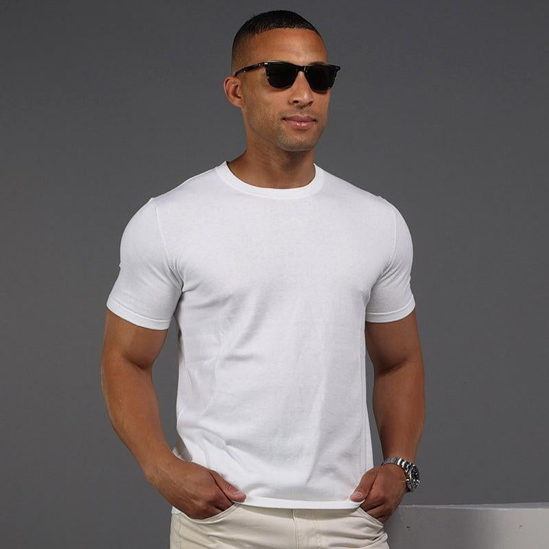 Luxury white crew neck t-shirt designed for men under average height