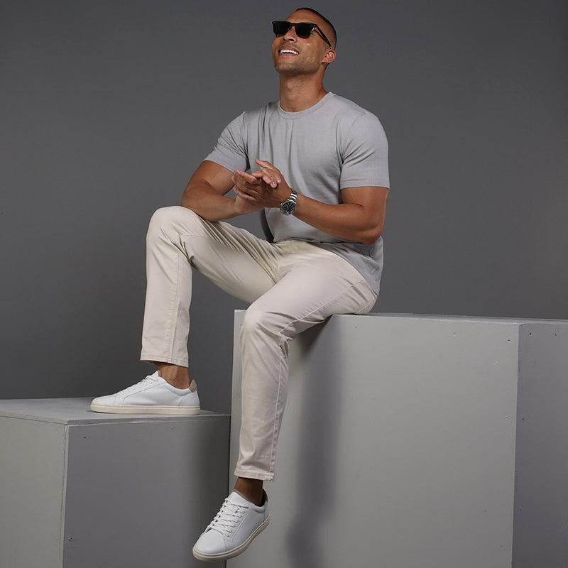 Tailored light grey tee with shorter sleeves and body length for 5'6 to 5'8 men