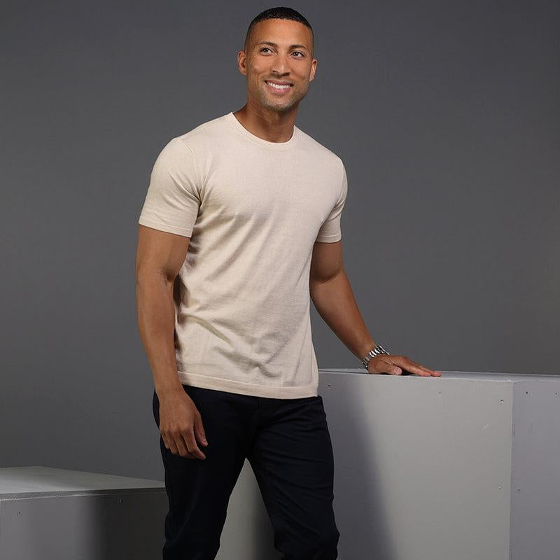 Luxury beige crew neck t-shirt designed for men under average height