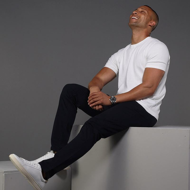 Tailored white tee with shorter sleeves and body length for 5'6 to 5'8 men